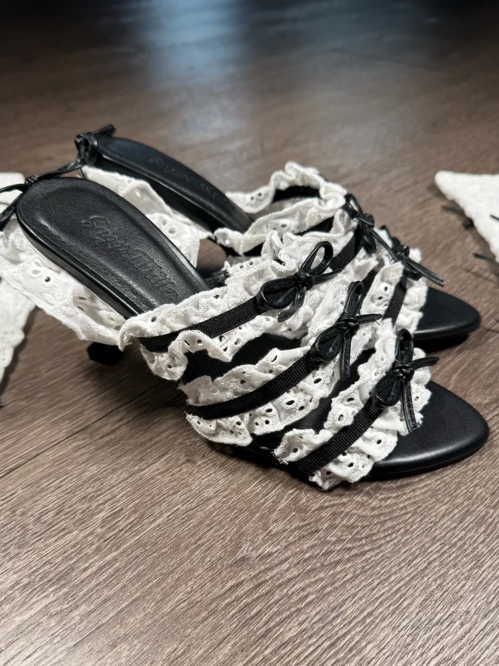 Women's Black & White Coquette Ruffle Bow Slide Heels - Picture 2 of 7